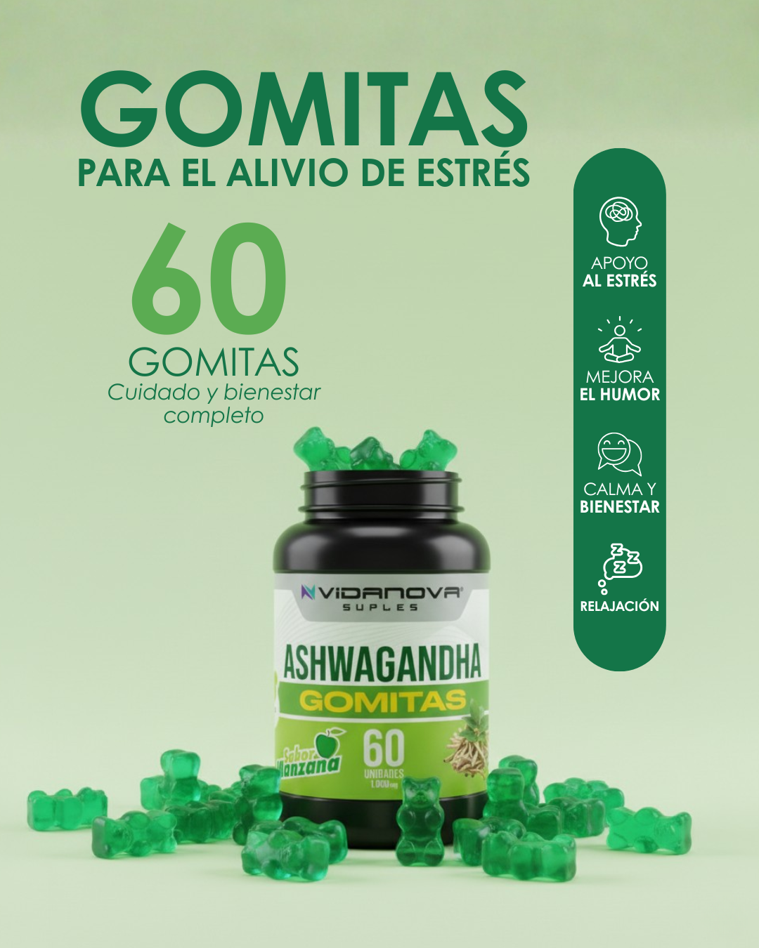 60 GOMITAS ASHWAGANDHA 1000mg 💚🍏