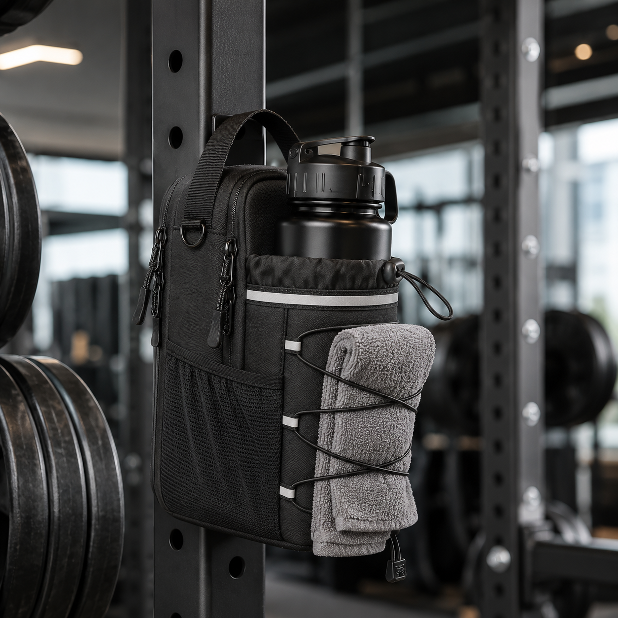 Bolso magnético para el gym instalado en rack de gimnasio